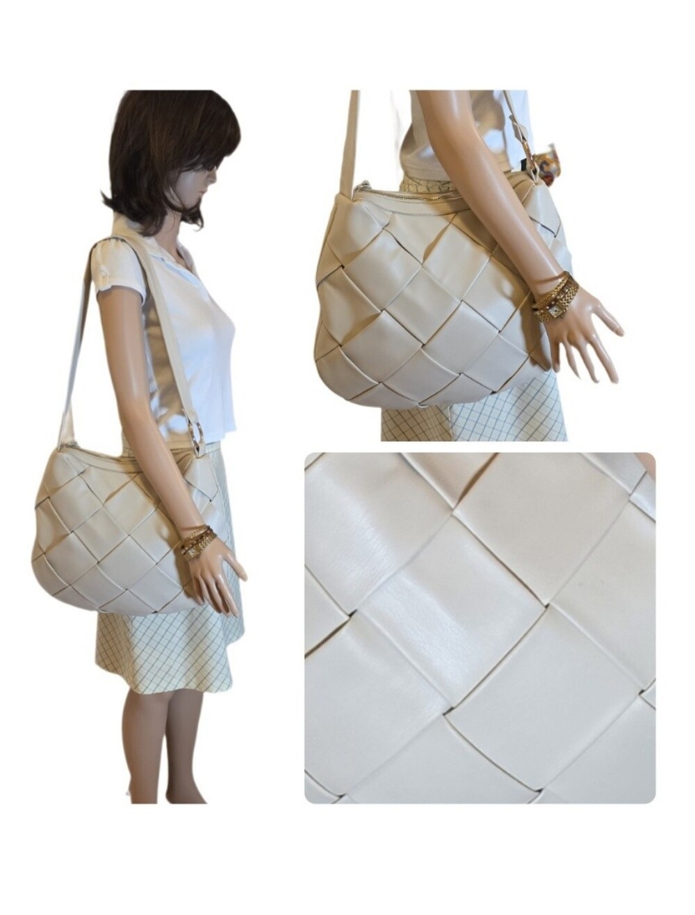 Like Dreams Ivory Cream Woven Hobo Shoulder Bag Vegan Leather Slouchy